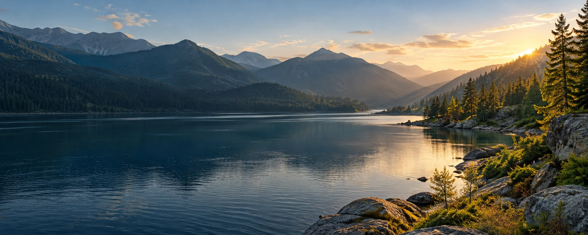AI-generated mountain lake with forested ridges and a sunlit shoreline